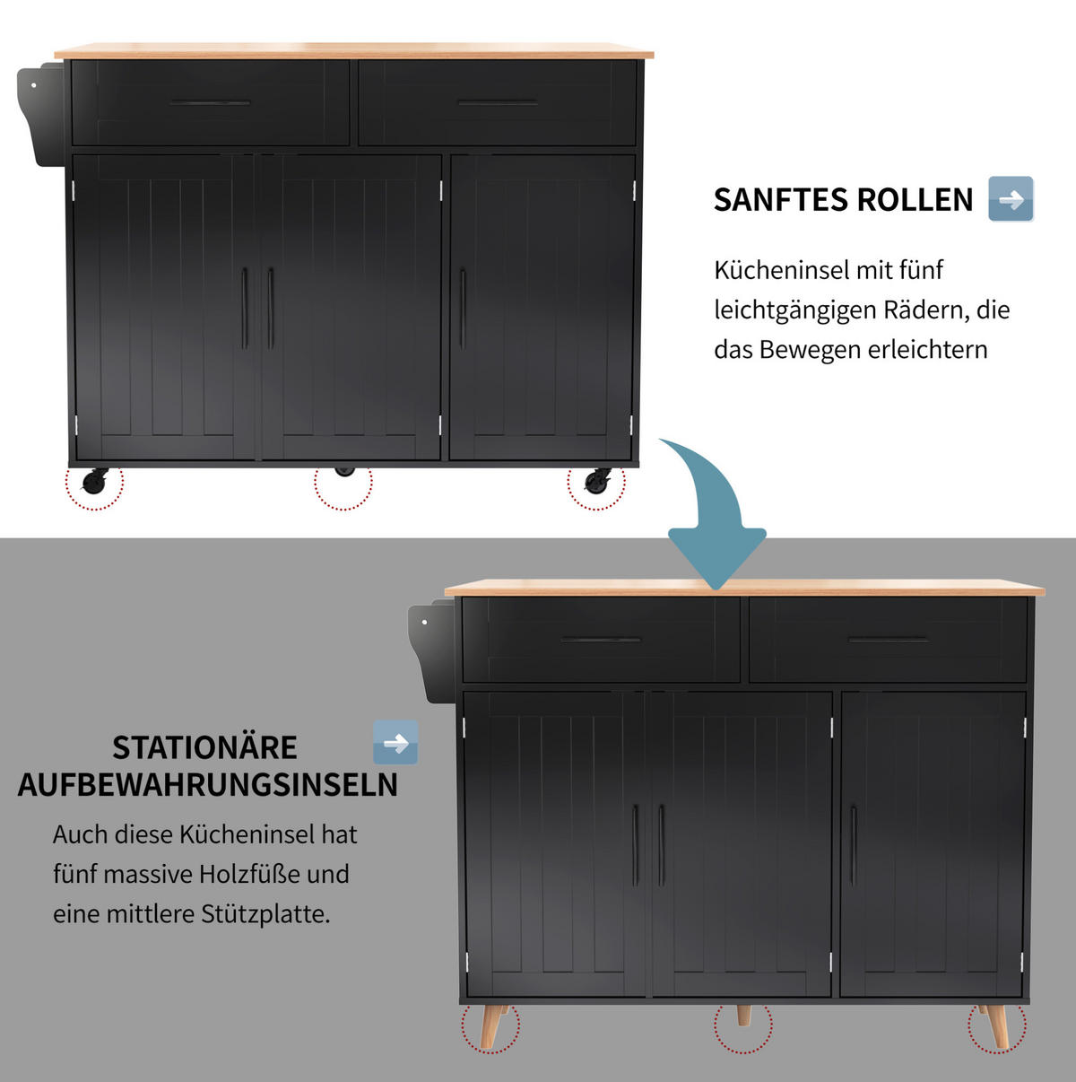 KÜCHENINSELWAGEN 129x71x91.5cm Schwarz Spanplatte mit Falttisch & Schubladen - Schwarz, Holzwerkstoff (129/91.5/71cm) - Modfu
