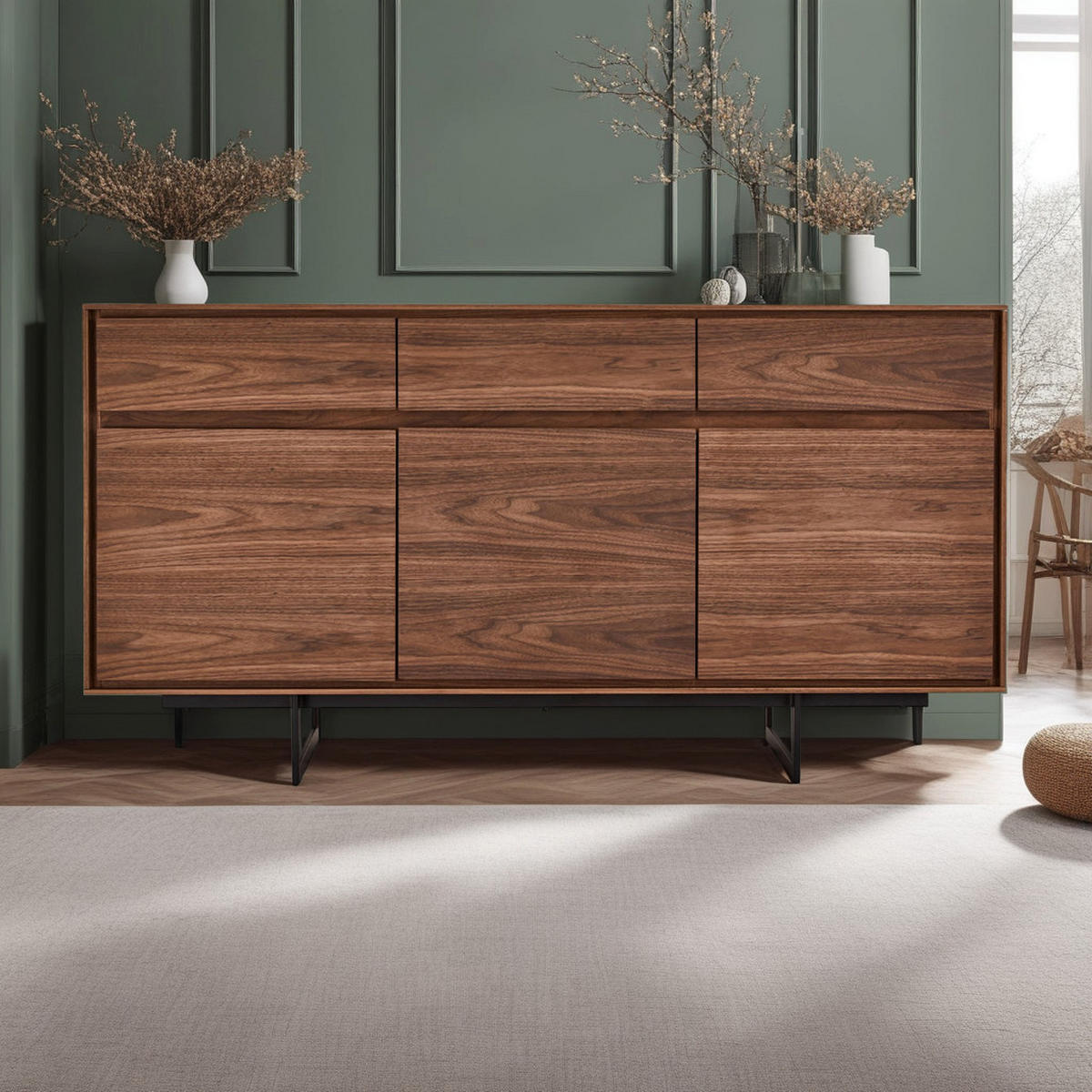 SIDEBOARD Amerikanisches Walnussfurnier - Schwarz/Braun, Holz/Metall (155/82/45cm) - Furnhouse