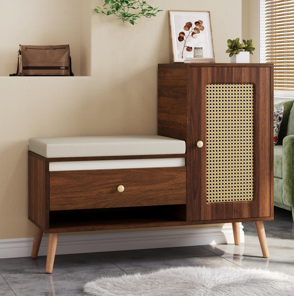 SCHUHBANK 95,5/35/80,5 cm mit Sitzkissen, Schubladen und Rattan-Optik - Naturfarben, Holzwerkstoff (95.5/80.5/35cm) - BEAOK