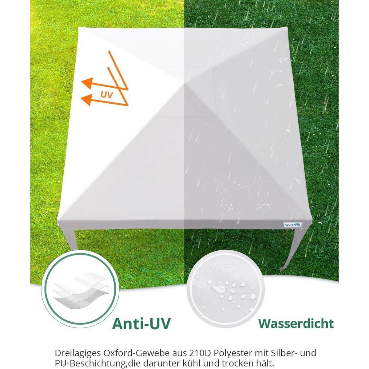 FALTPAVILLON 3 x 3 m wasserdicht mit Seitenwänden UV-Schutz 50+ - Weiß, Textil (294/265/294cm)