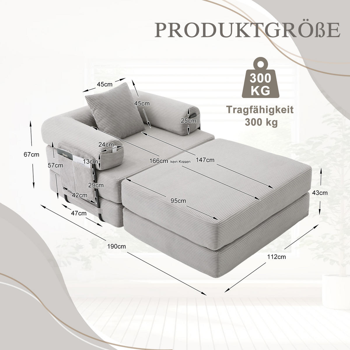 SOFA modular mit Hocker 112 x 190 cm Cord Hellgrau - Hellgrau, Kunststoff (190/67/112cm) - Meubliv