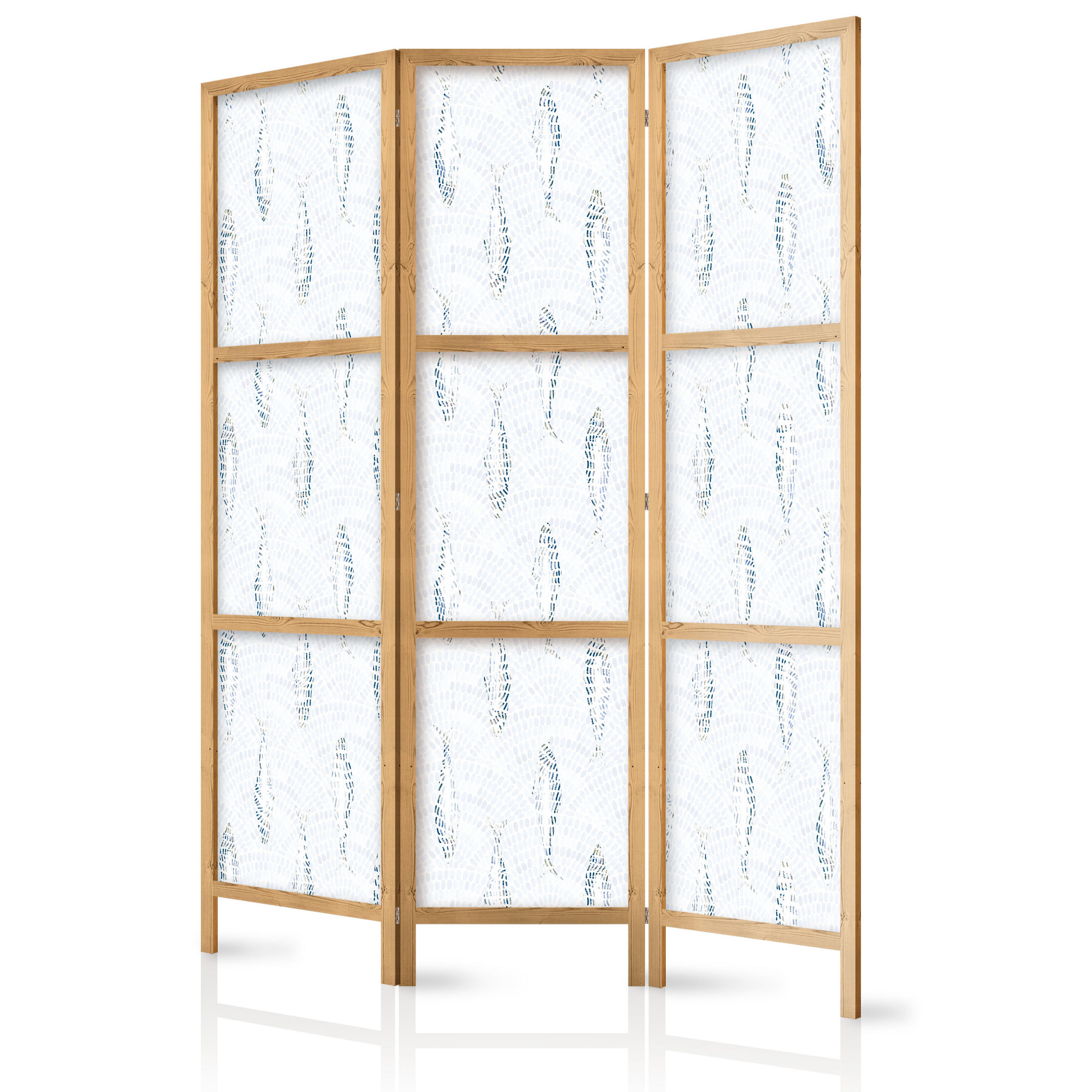 PARAVENT Japanischer 3-tlg 135x172 cm Blaue Fische - Weiß, Holz/Textil (135/172/3cm) - Muralo