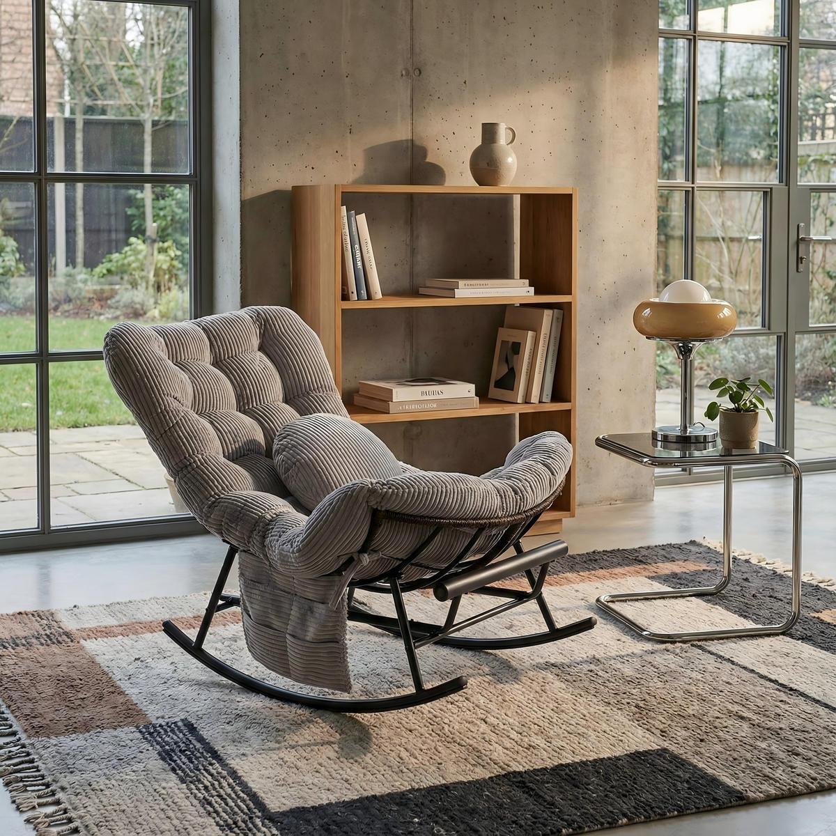 SCHAUKELSTUHL mit Fußstütze,Schaukelsessel XXL Rattanstuhl mit Kissen, Cord, Hellgrau - Hellgrau, Textil (90/78/150cm) - LVHOM