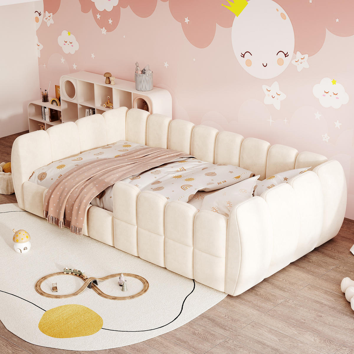 POLSTERBETT 90/200 cm in Beige Samt mit abgerundeten Ecken - Beige, Holzwerkstoff/Textil (90/200cm) - WISHDOR