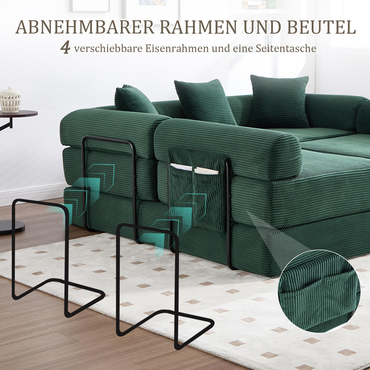 SCHLAFSOFA 270/180/64 cm Smaragd mit Integrierte Seitentaschen - Smaragdgrün, Textil (270/64/180cm) - Oxeza