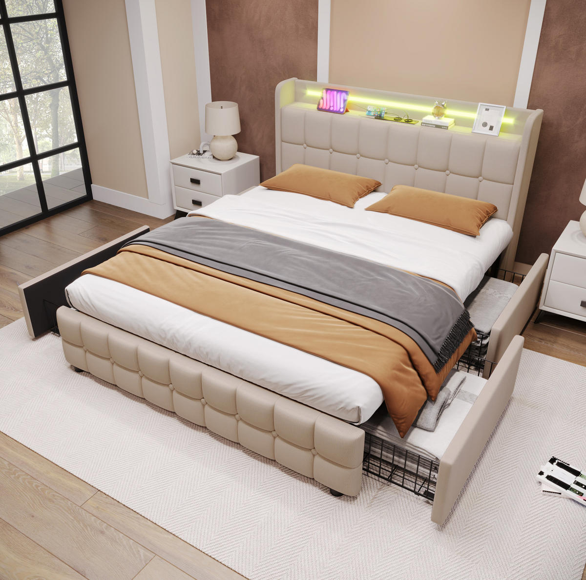 POLSTERBETT 140/200 cm mit Matratze,LED-Beleuchtung, USB-Anschlüssen, Steckdosen, 4 Schubladen, Beige - Beige, Holz (140/140cm) - Redom