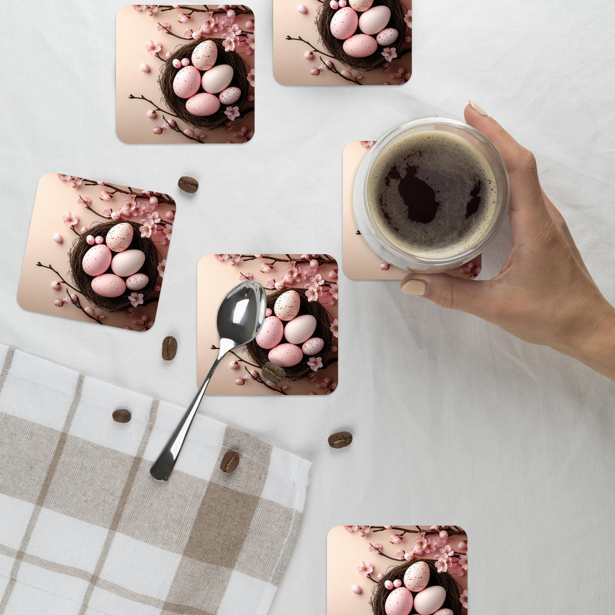 GLASUNTERSETZER 6er-Set Rosa - Blüten - Eier 10x10 cm - Hellrosa, Naturmaterialien (10/0.2cm) - MuchoWow