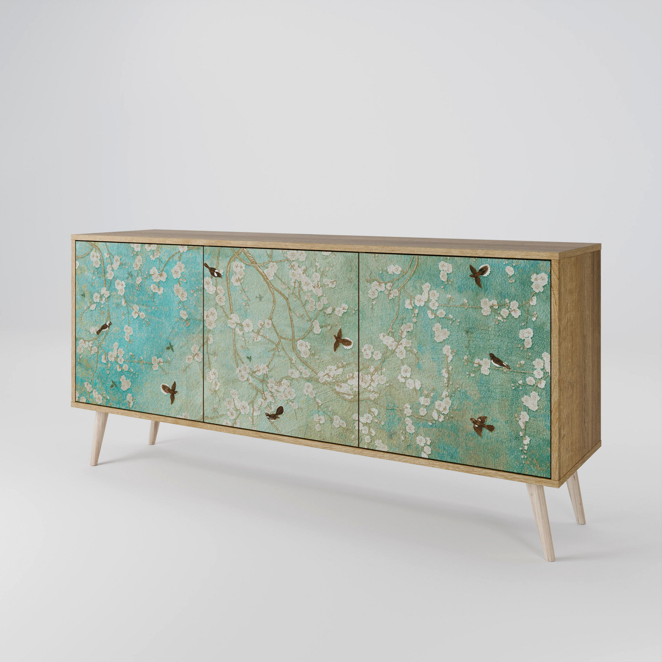 SIDEBOARD BLOOMING CHARM, Eicheneffekt, 164,5x42x77,5 cm, 3 Türen - Eichefarben/Buchefarben, Holzwerkstoff/Buchenholz (164.5/77.5/42cm) - SpaceRebels