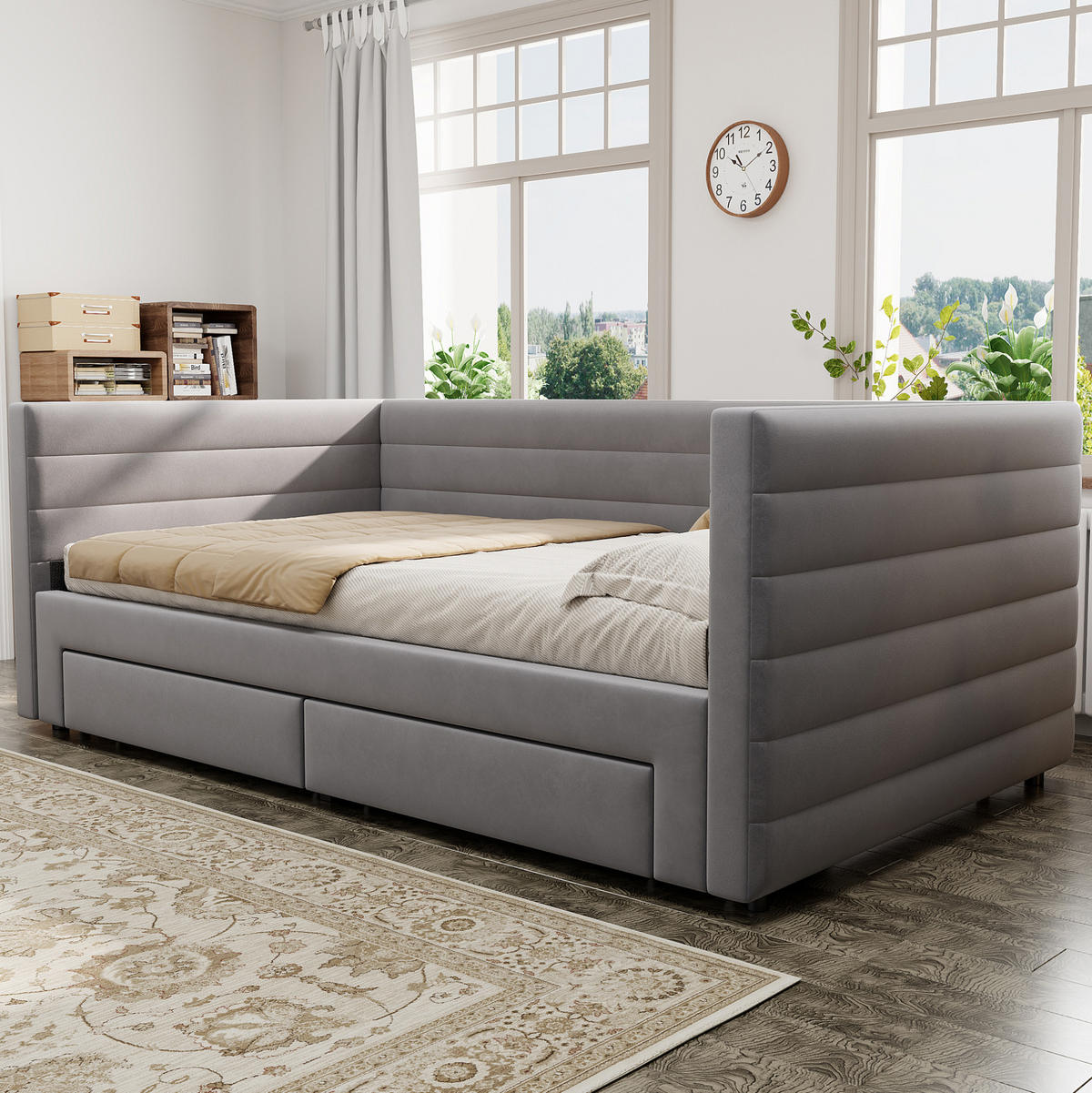 POLSTERBETT aus Baumwolle und Leinen 90x190 cm Grau mit Schubladen, ausziehbar auf 180x190 cm - Grau, Textil (90/190cm) - IVMEU