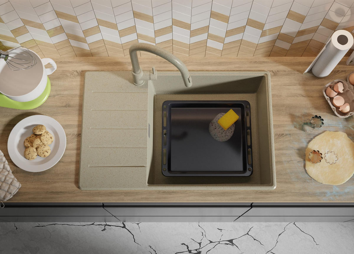 GRANITSPÜLE Kopenhagen, 2-er set Beige 78/50 cm 1 Becken + Küchenarmatur 40/20 cm + Ablauf-Set + Schneidebrett ab 60er Unterschrank - Beige, Kunststoff (78/20/50cm) - Primagran