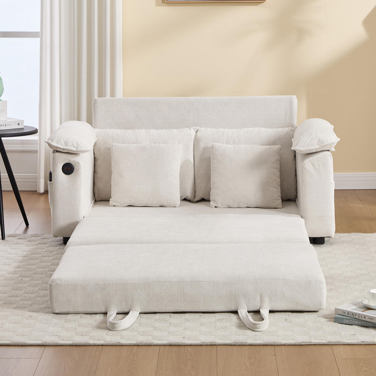 SCHLAFSOFA 138/66/80 cm Weiß Chenille mit Ausziehbares Bett und Seitentaschen - Weiß, Textil (66/80/135cm) - Oxeza