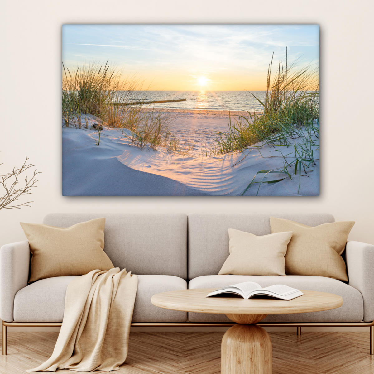 LEINWANDBILD Strand - Sonne - Düne - Gras - Sand - Horizont Wohnzimmer 120x80 cm - Hellblau, Textil (120/80cm) - MuchoWow