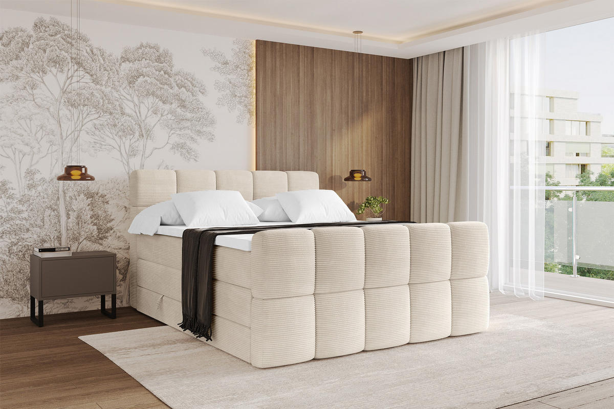 BOXBETT mit Matratze H3/H4 - FAMA-Z KING - 160x200 cm Beige Poso - Ecru, Holzwerkstoff (160/200cm) - ALTDECOR