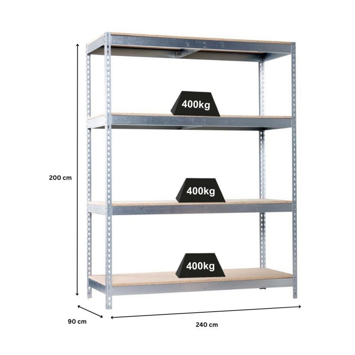 SCHWERLASTREGAL Wood Beast Four HxBxT 200 x 240 x 90 cm 4 Ebenen Fachlast 400 kg Verzinkt - Silberfarben, Metall (240/200/90cm) - PROREGAL