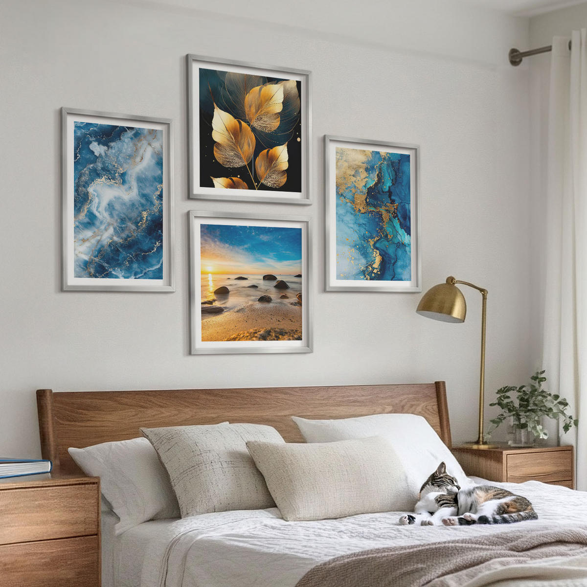 WANDBILDER 4er Set - 50x50 cm & 40x60 cm Silberner Rahmen - Bilder mit blau-goldenen Mustern - Silberfarben, Kunststoff (50/50cm) - ArtPrintCave