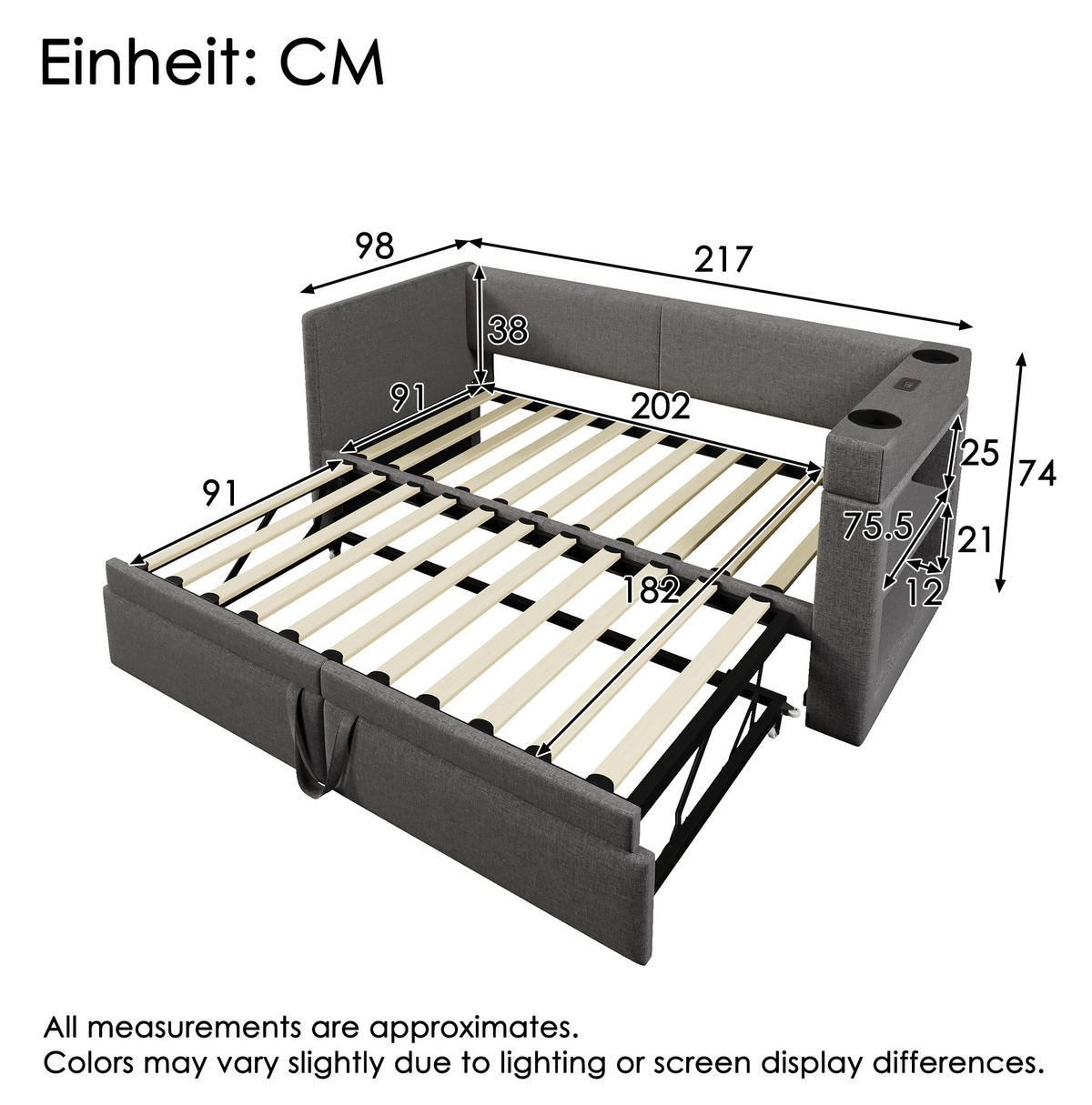 POLSTERBETT 90/200 cm mit Ausziehbett, USB- und Type-C-Anschluss sowie Getränkehalter, Grau - Grau, Textil (90/200cm) - Redom
