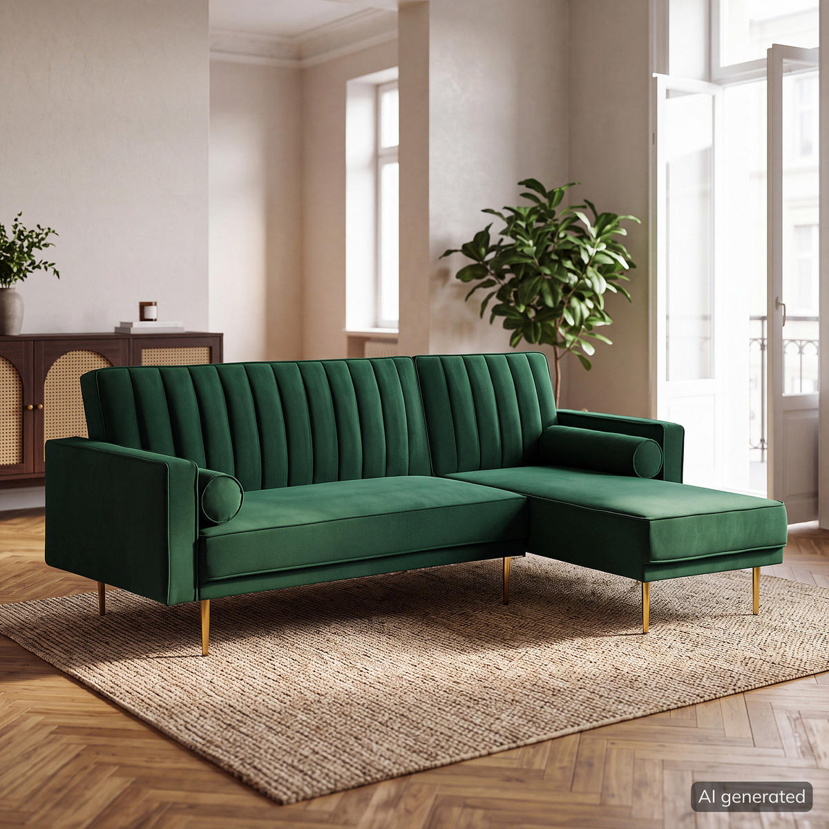 ECKSOFA mit Schlaffunktion - Dunkelgrün/Goldfarben, Textil/Metall (223/144cm) - home24