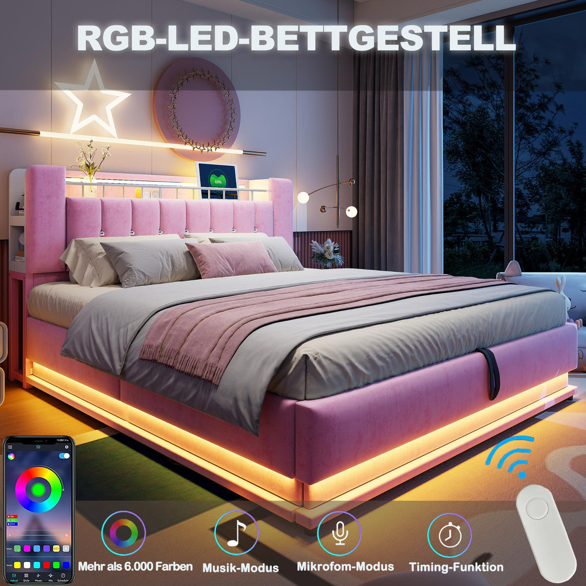 POLSTERBETT mit LED und Stauraum 180x200 cm Samt Rosa - Pink, Metall (180/200cm) - Meubliv