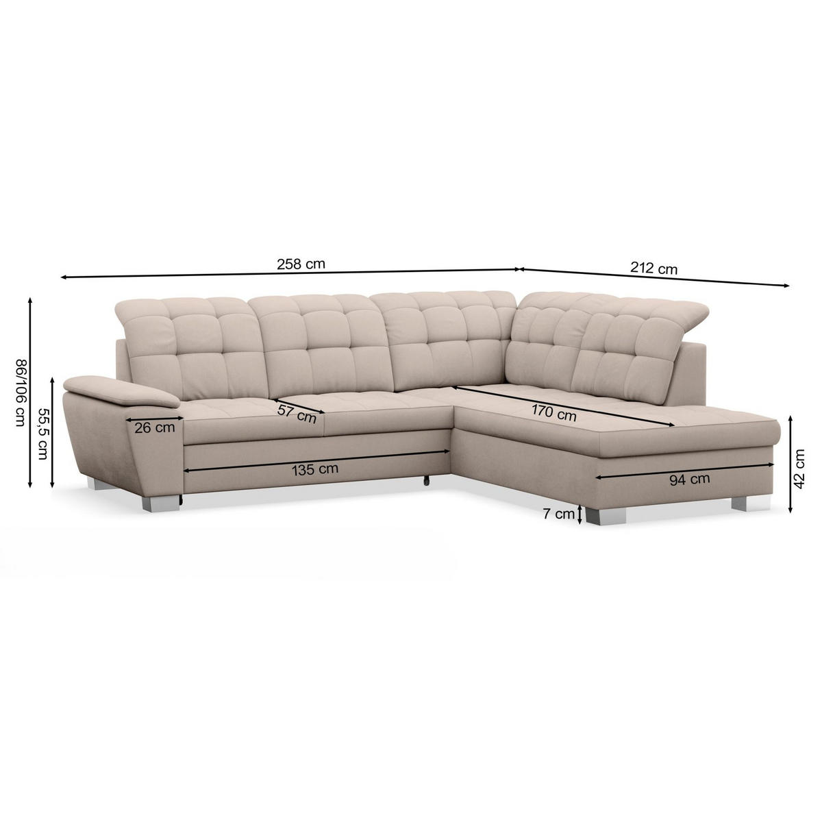 ECKSOFA Jamaal Creme linksseitig - Creme/Schwarz, Textil (258/212cm) - Selsey