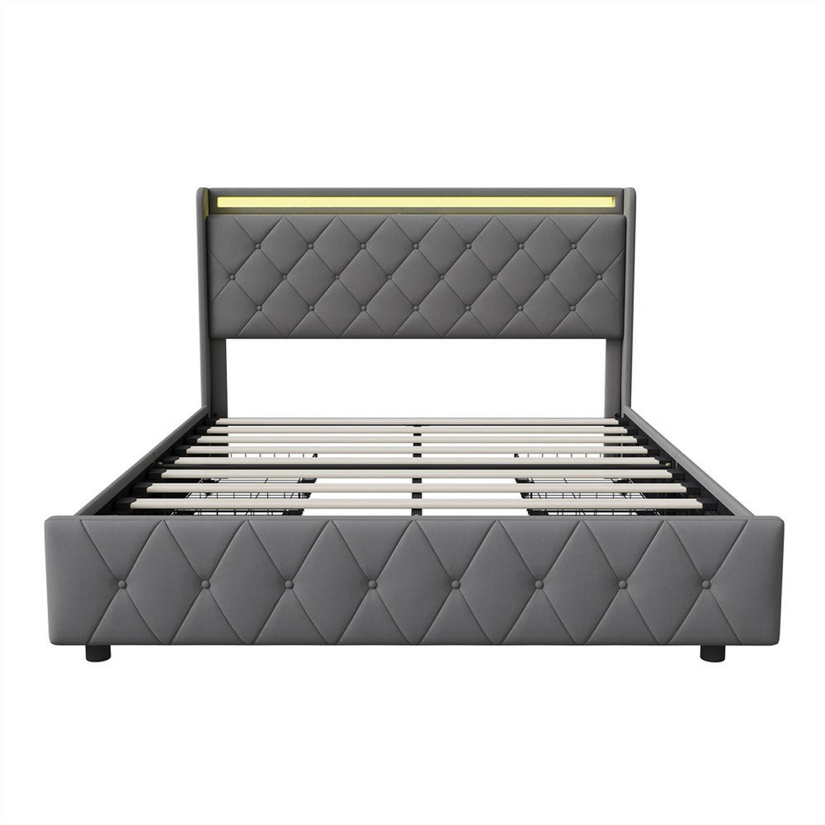 POLSTERBETT 160x200 cm mit 4 Schubladen & LED-Beleuchtung - USB-Anschlüsse - ohne Matratze - Grau - Grau, Textil (160/200cm) - DELFA