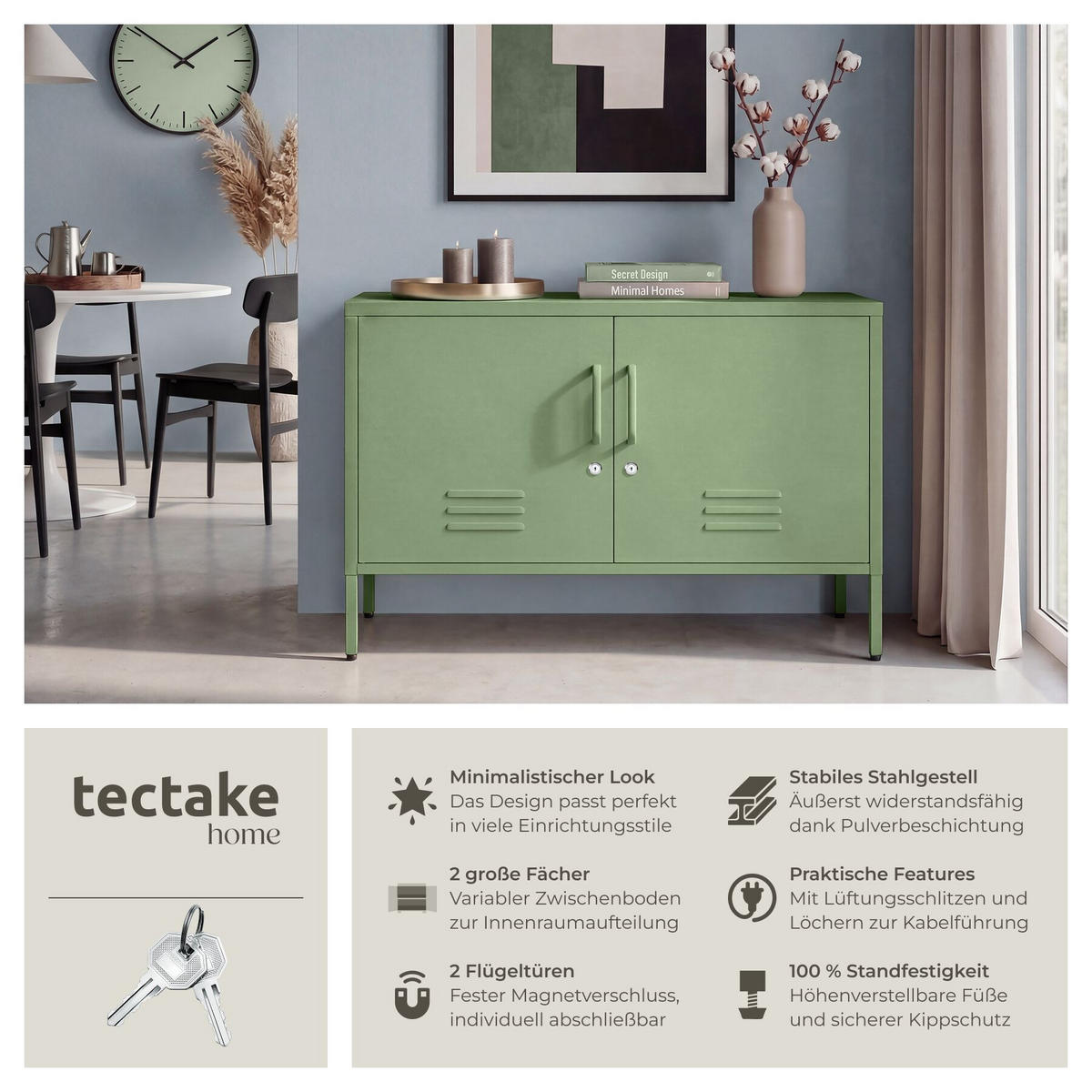 SIDEBOARD Baker, Kippschutz, höhenverstellbare Füße, salbeigrün - Salbeigrün, Metall (100/65/42.5cm) - tectake