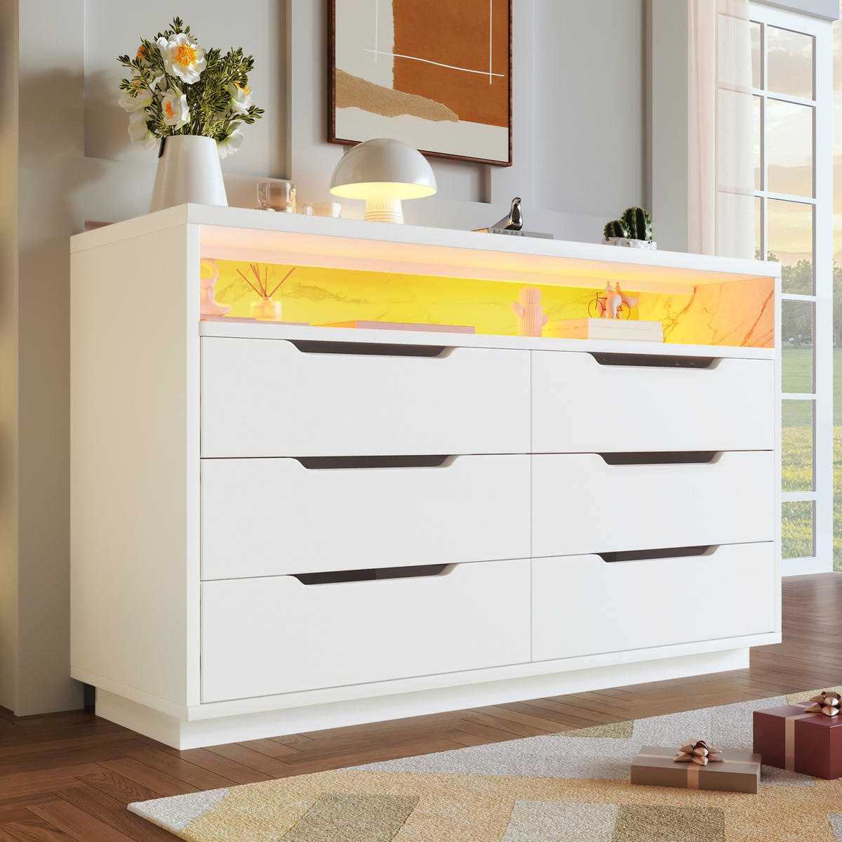 SIDEBOARD aus Spanplatte 40x120x85 cm Weiß mit LED-Beleuchtung, 6 Schubladen und offenem Fach - Weiß, Holzwerkstoff (120/85/40cm) - Modfu