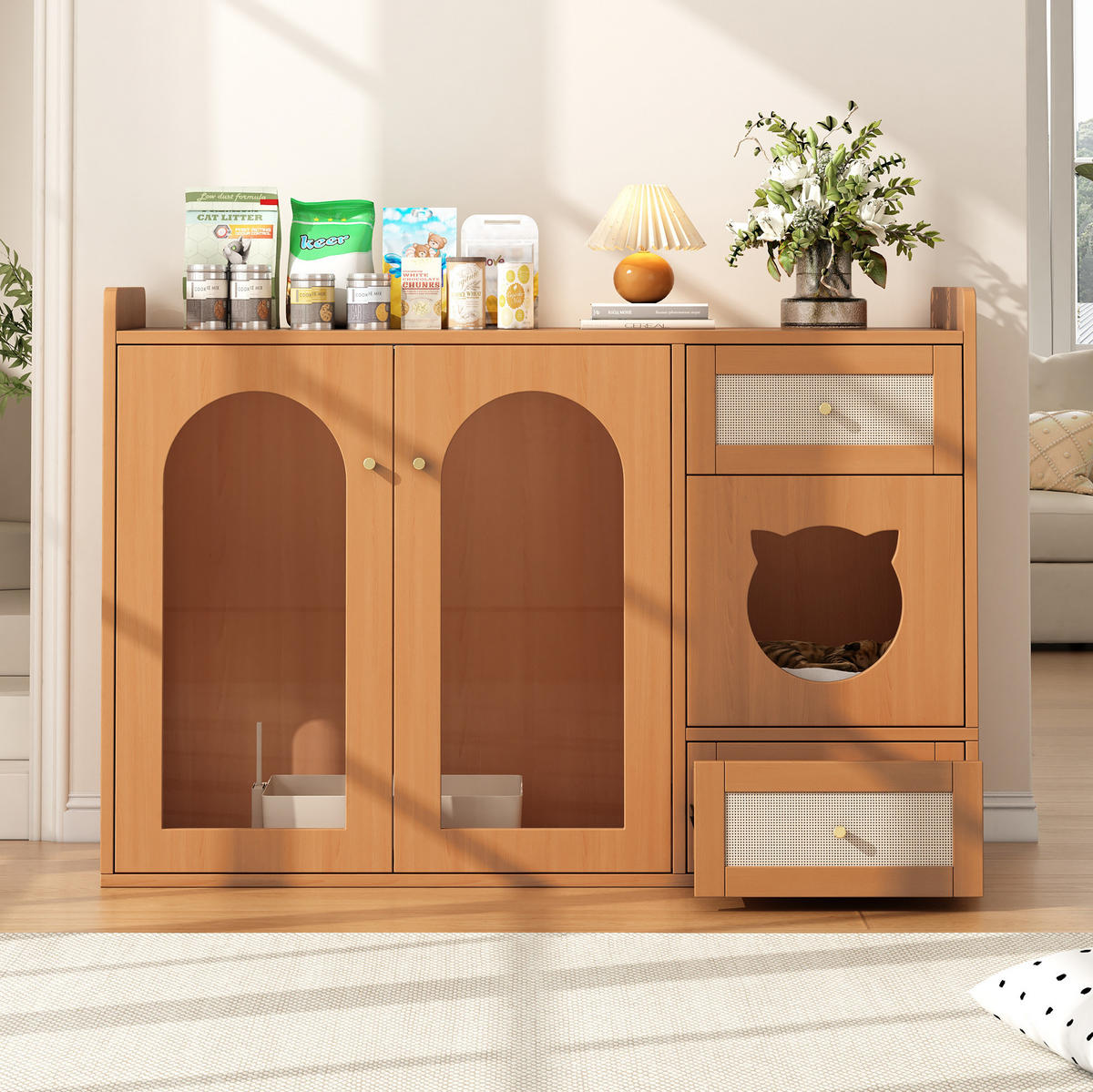 SKŘÍŇKA pro kočičí toaletu z MDF a skla 120x45x76 cm ořechová s miskami, úložným prostorem a odpočinkovou zónou - barva vlašského ořechu, kompozitní dřevo (120/83/45cm) - Modfu