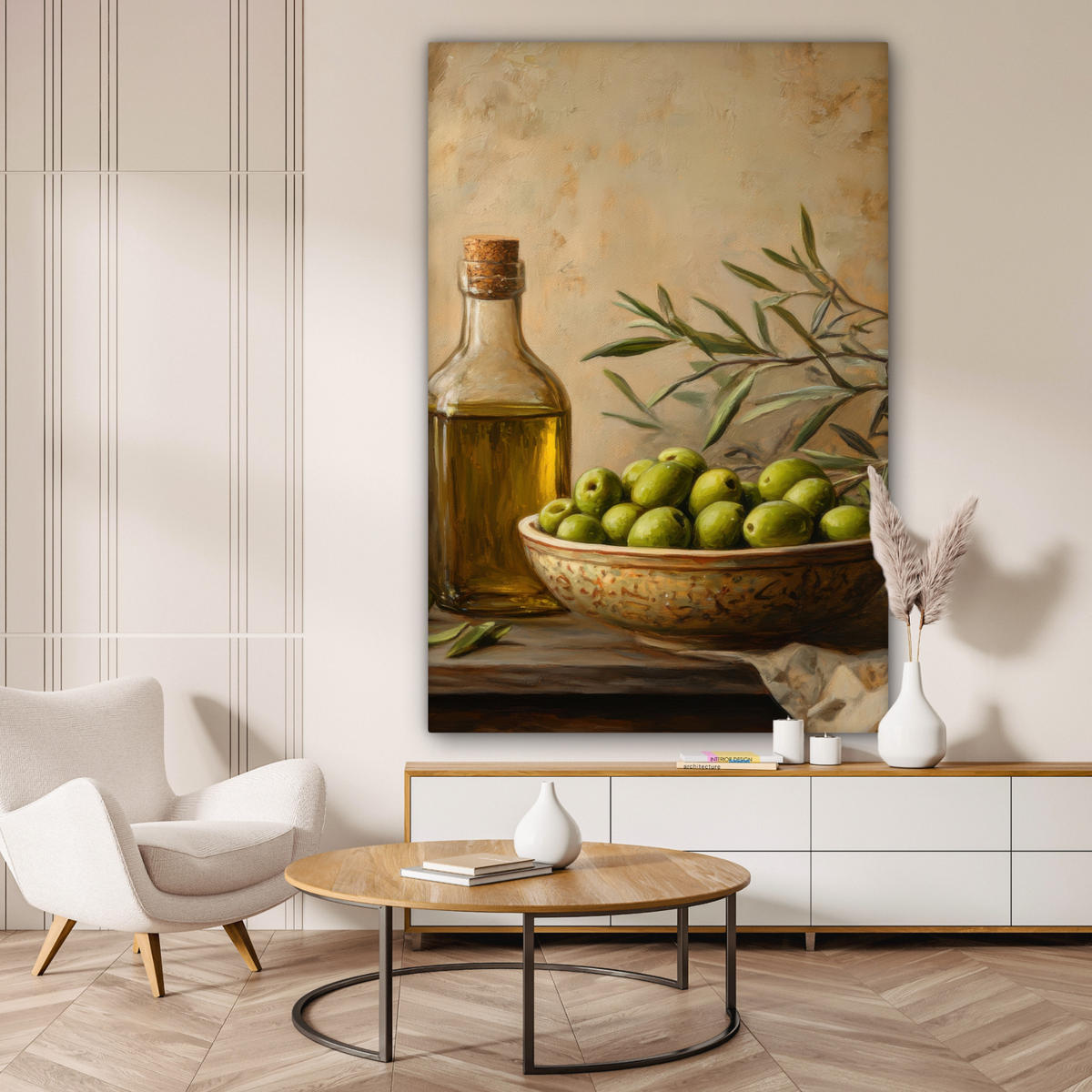 LEINWANDBILD Oliven - Stilleben - Vintage 90x140 cm - Olivgrün, Textil (90/140cm) - MuchoWow