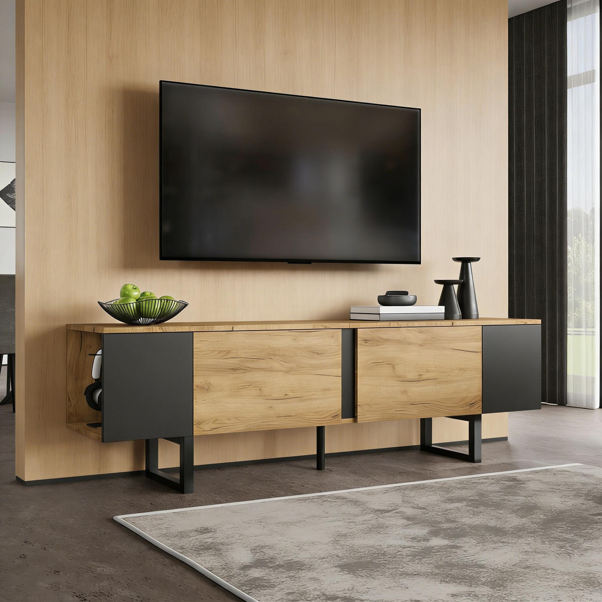 TV-LOWBOARD 180x40x55 cm 2 Schränke Offene Fächer Stauraum - Naturfarben, Holzwerkstoff (40/55/180cm) - FLIEKS