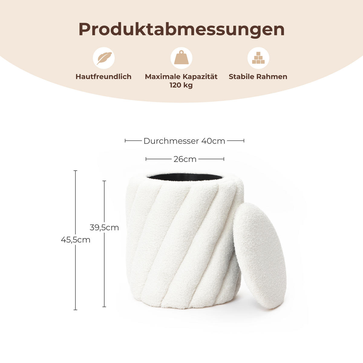 HOCKER mit Stauraum Rund Weiß - Weiß, Holzwerkstoff/Textil (40/45.5/40cm) - Hometopia