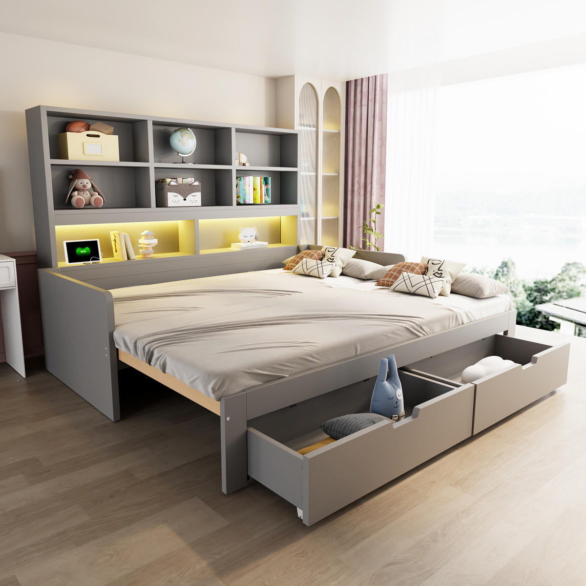 AUSZIEHBETT 90/180/200 cm mit Stauraum und LED, DE-41639, in Grau - Grau, Holzwerkstoff (90/200cm) - ComfortXL