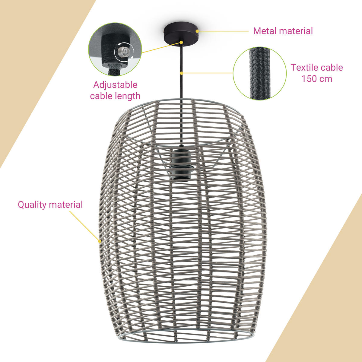 PENDELLEUCHTE Hugo Miloza - Grau, Metall (40/40/50cm) - Paco Home