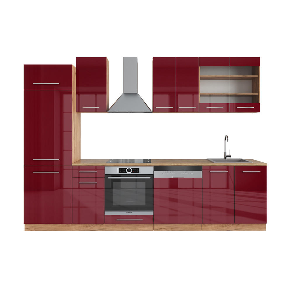 KÜCHENZEILE Fame-Line Bordeaux Hochglanz/Goldkraft Eiche 300 cm ohne AP - Bordeaux/Eiche Wotan, Holzwerkstoff (300/81.6/46cm) - Vicco