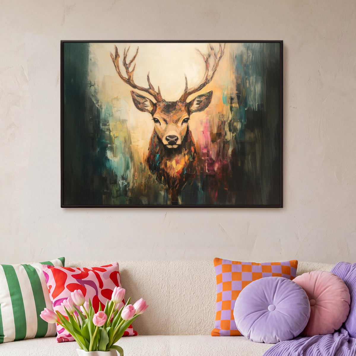 LEINWAND Bilder mit Rahmen - Hirsch - Gemalt - Geweih - Braun - 100x70 - Haselnussfarben, Textil (100/70cm) - MuchoWow
