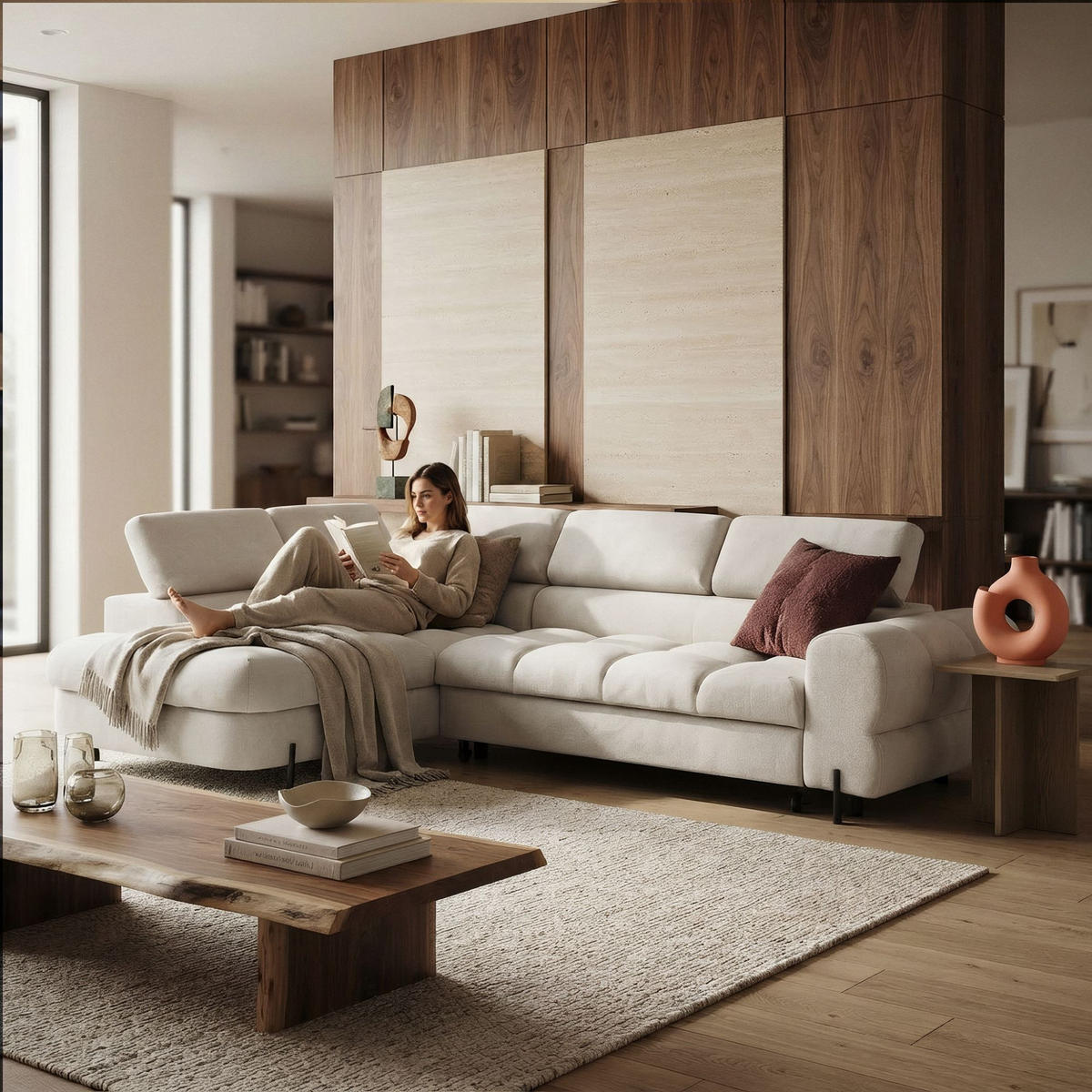 ECKSOFA BOWL L Links mit Schlaffunktion 125x195 Velours Creme - Creme/Schwarz, Holz/Textil (260/195cm) - Muffo