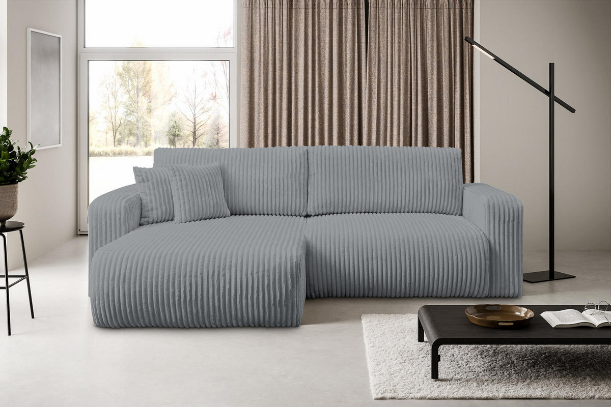 ECKSOFA Tilly, Eckcouch in L-Form mit Schlaffunktion und Bettkasten, Farbe: Grau, Cordstoff, Ottomane Universal - Grau, Textil (244/142cm) - VENASI MÖBEL