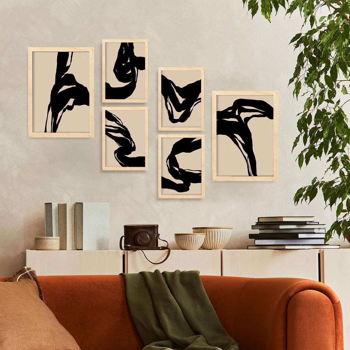 POSTER Set Mit 6 Kraftvoll In Abstrakter Form Ästhetische Dekorative Gemälde Für Ihr Wohnzimmer Oder Zuhause A3 & A4 Rahmen Aus Hellem Holz - Beige, Papier (29/3cm) - Nacnic
