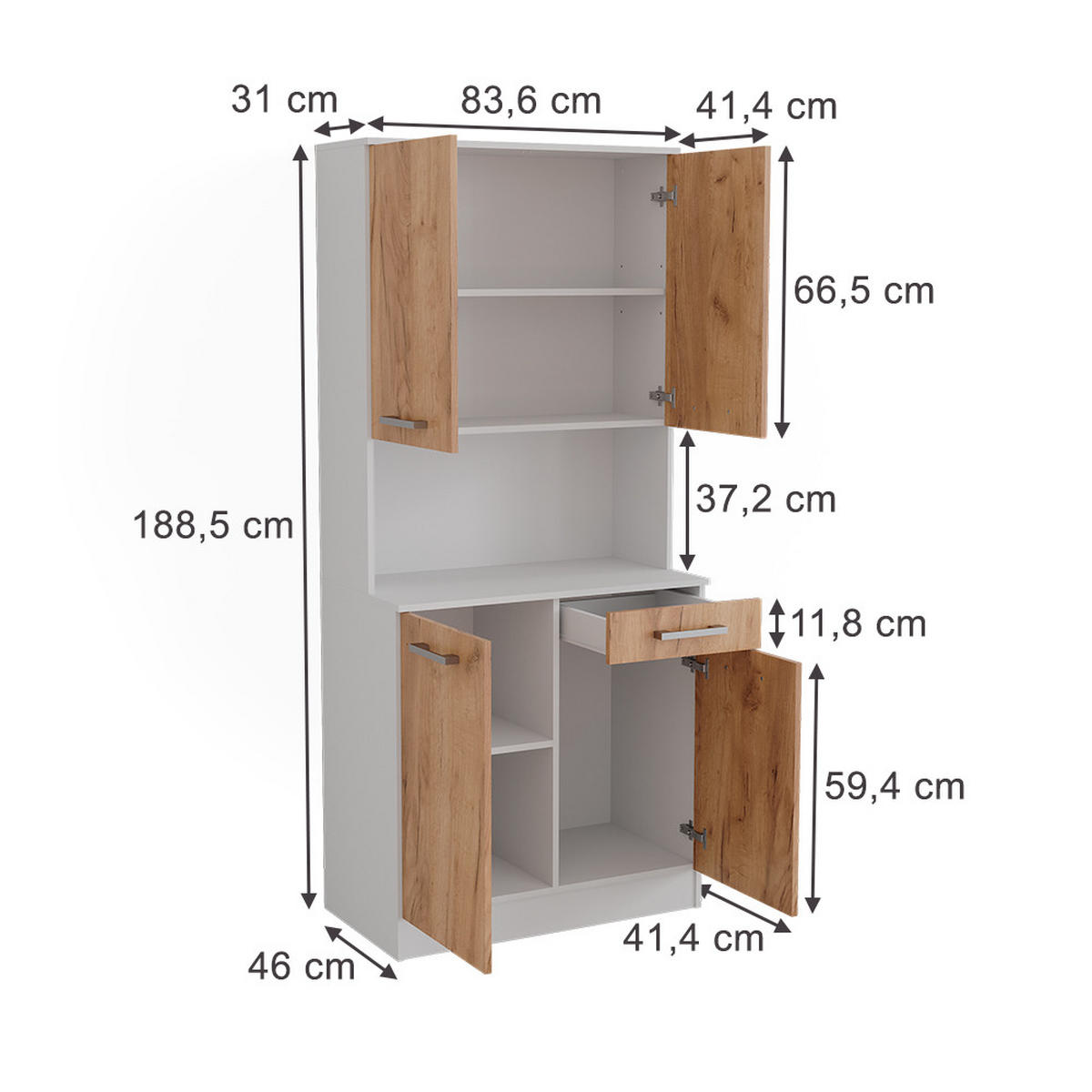 KÜCHENBUFFET Raul Weiß/Goldkraft Eiche 83.6 x 188.5 cm mit 4 Türen & 1 Schublade - Honigeiche/Eiche Wotan, Holzwerkstoff (83.6/188.5/46cm) - Vicco