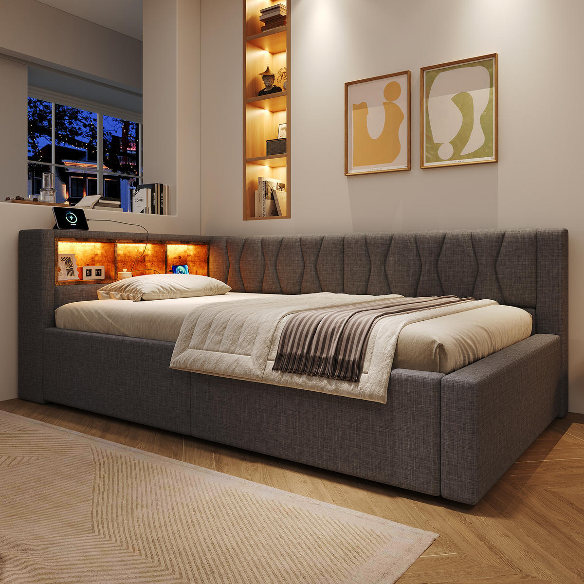 DENNÍ POSTEL 90x200cm Pohovka Úložná LED USB Šedá - šedá, přírodní materiály (90/200cm) - FLIEKS