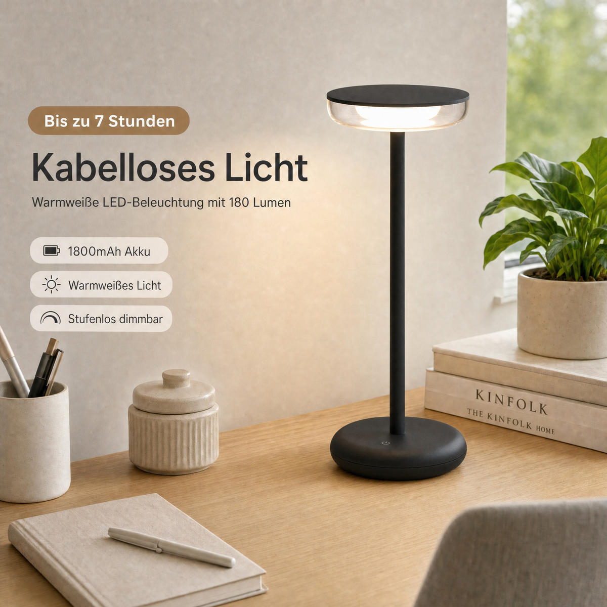 LED-TISCHLAMPE Schwarz Dimmbar Akku 1800mAh 180lm warmweiß Touch USB-C Nachttischleuchte Höhe 27,4 cm - Schwarz, Kunststoff (11/11/27.4cm) - Northpoint