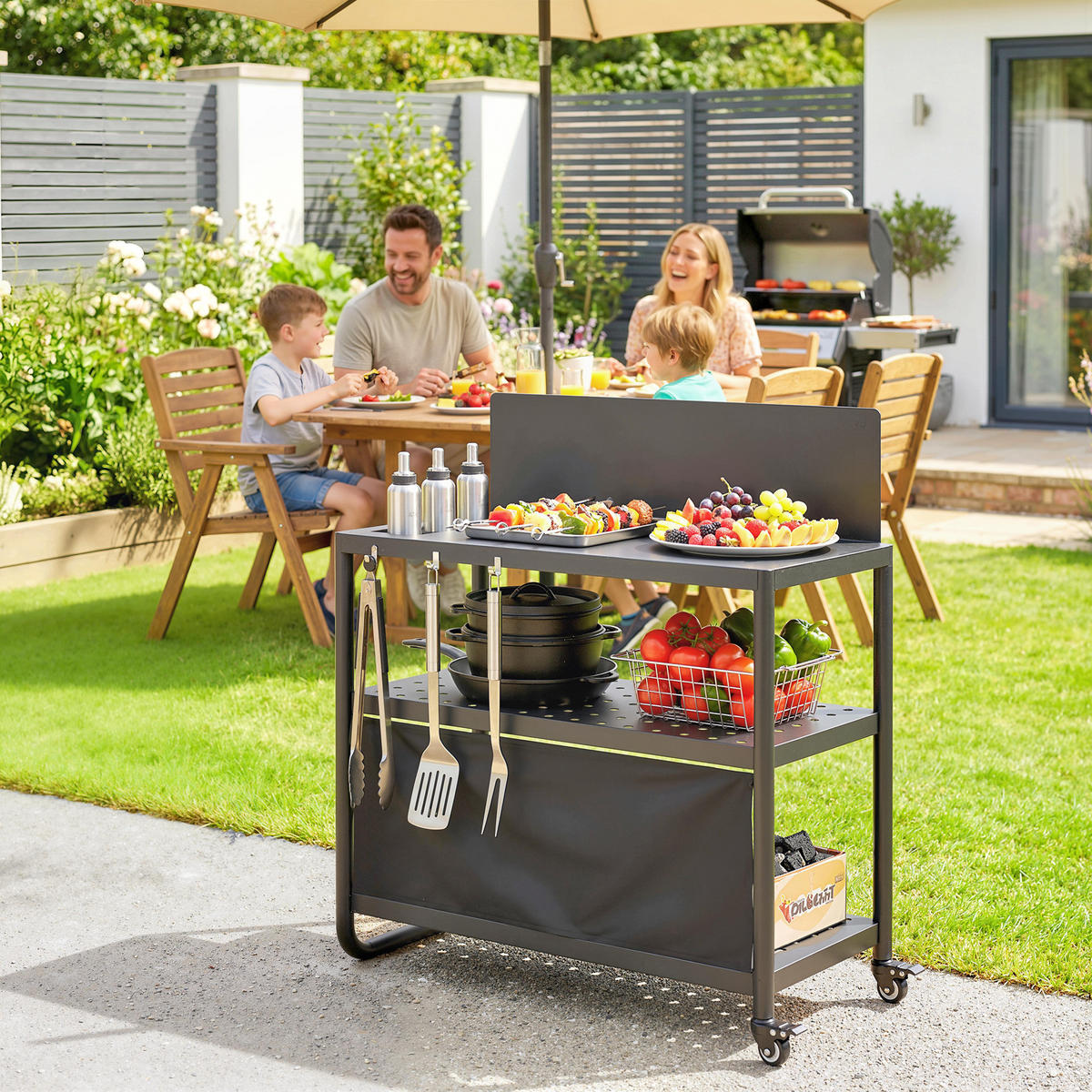 GRILLWAGEN DE-13848 3 Ebenen mit Windschutz & Schutzplane Schwarz - Schwarz, Metall (46/110/107cm) - ComfortXL