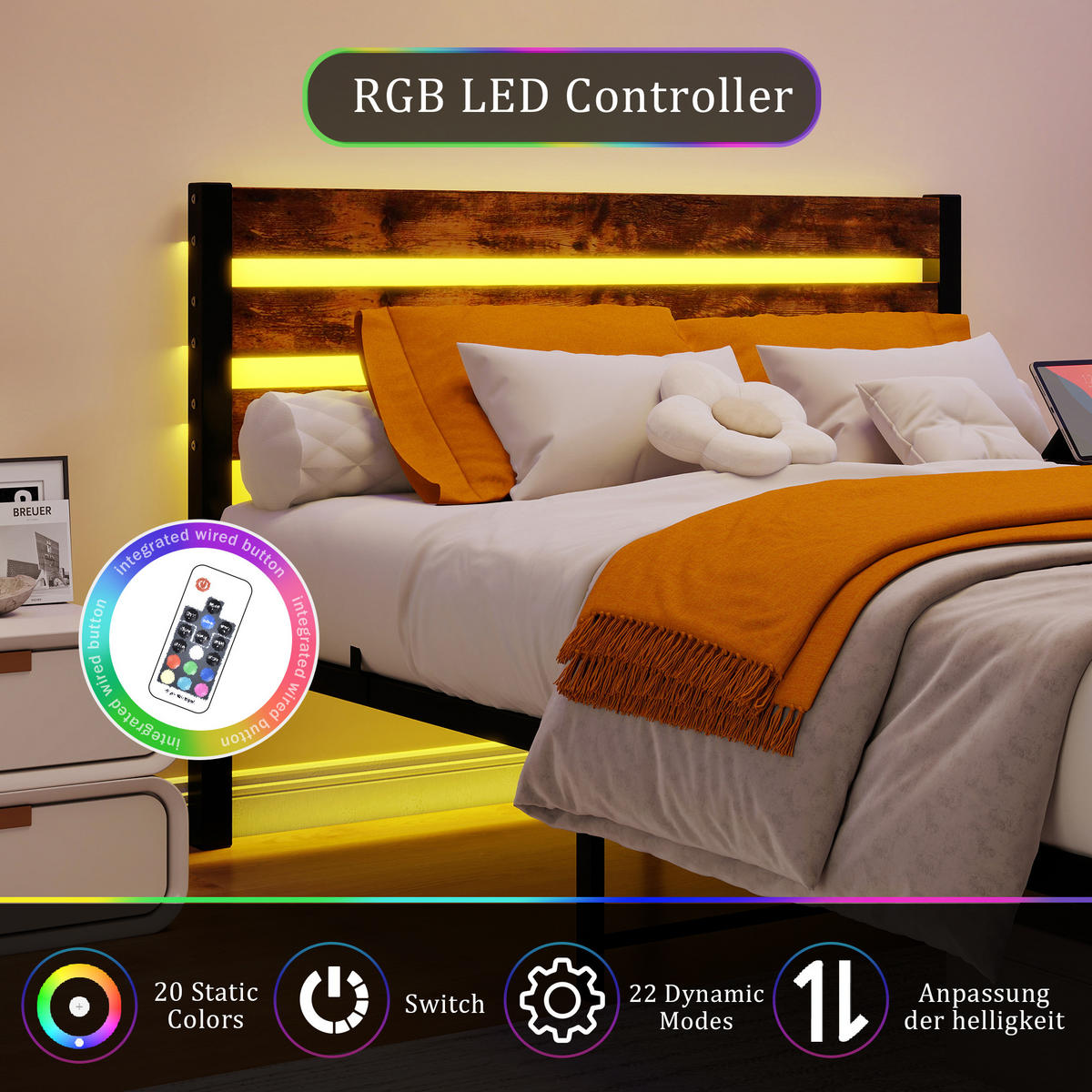 METALLBETT 140/200 cm Braun mit USB-Ladestation und LED-Bettrahmen - Braun, Metall (140/200cm) - Oxeza