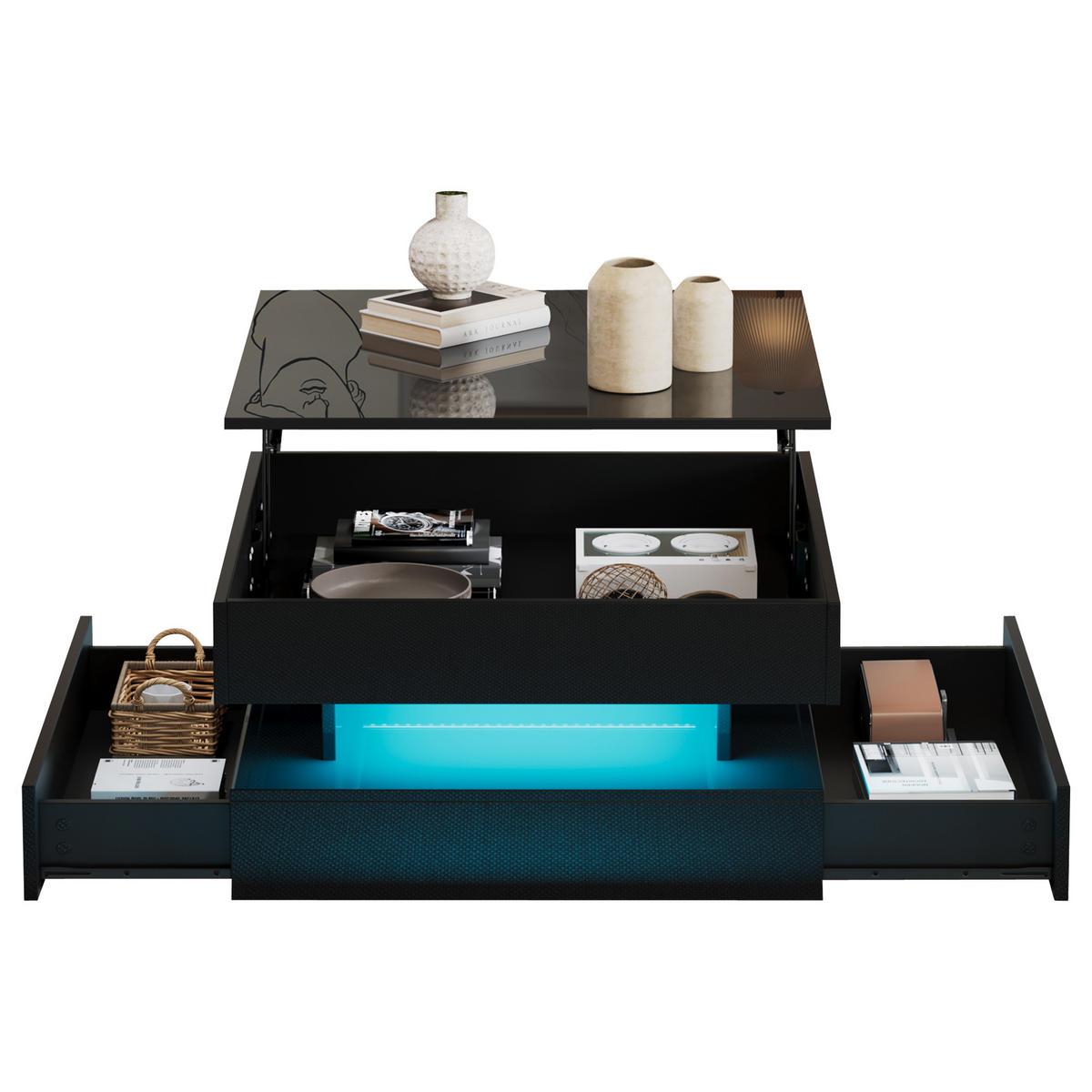 COUCHTISCH 65x65x38,5cm -höhenverstellbar Schwarz mit LED-Licht und Stauraum - Schwarz, Holz (76.84/75.18/19.69cm) - Raelunyi