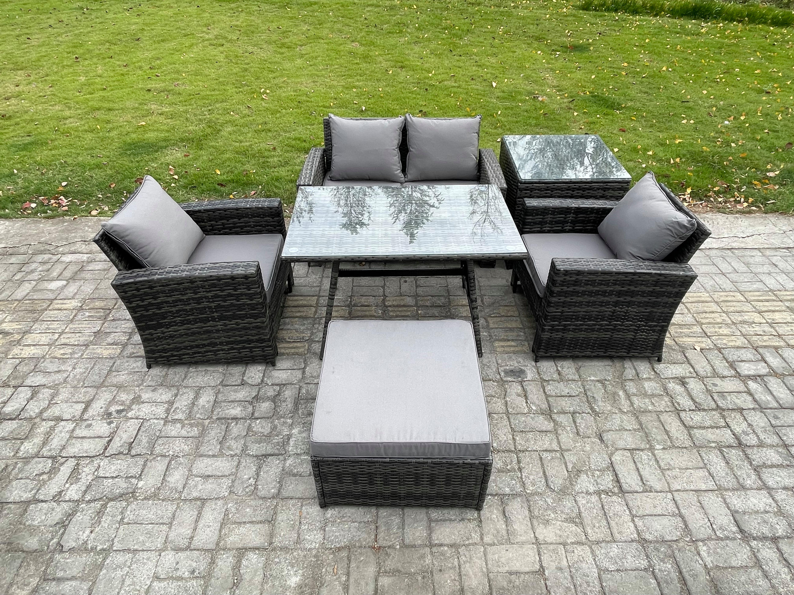 GARTENMÖBELSET mit ESSTISCH,HOCHLEHNER-SOFA Polyrattan Dunkelgrauer Mix 5-Sitzer - Dunkelgrau/Grau, Glas/Kunststoff - Fimous