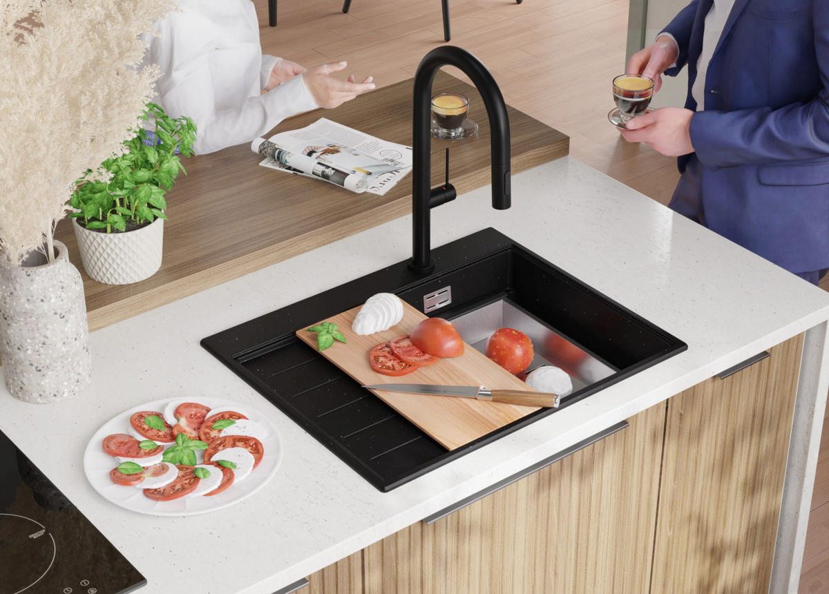 SPÜLBECKEN Sydney, 2-er set Schwarz Metallic 62/50 cm 1 Becken + Ablauf-Set + Küchenzubehörset ab 40er Unterschrank - Chromfarben/Schwarz Hochglanz, Kunststoff (62/20/50cm) - Primagran