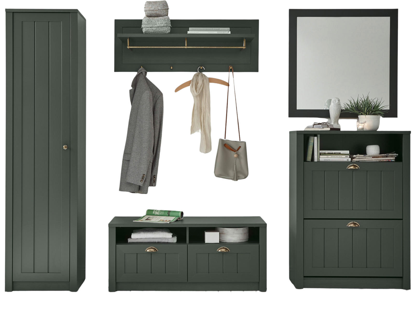 GARDEROBENKOMBINATION grün, Landhausstil, Garderobe Set 5-teilig 272 x 198 cm - Dunkelgrün/Goldfarben, Holzwerkstoff/Kunststoff (273/198/43cm) - Furn.Design