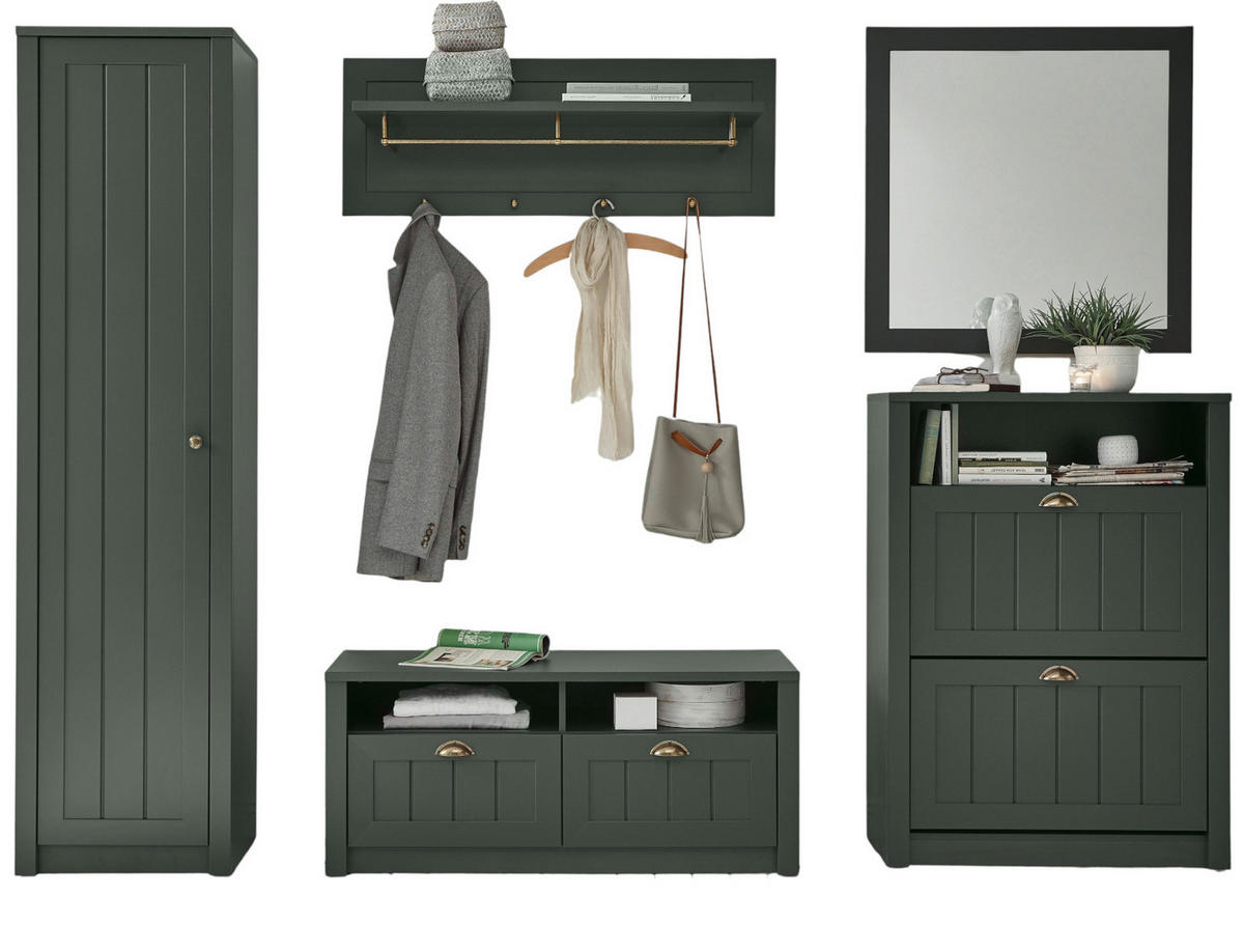 GARDEROBENKOMBINATION grün, Landhausstil, Garderobe Set 5-teilig 272 x 198 cm - Dunkelgrün/Goldfarben, Holzwerkstoff/Kunststoff (273/198/43cm) - Furn.Design