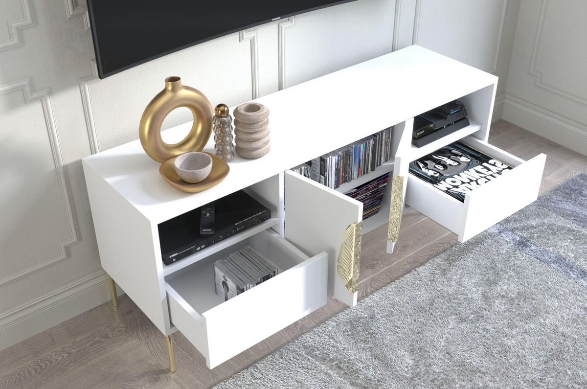 LOWBOARD Merlin, Weiß, Goldene Details - Goldfarben/Weiß, Holzwerkstoff/Metall (138/60/40cm) - Skandica