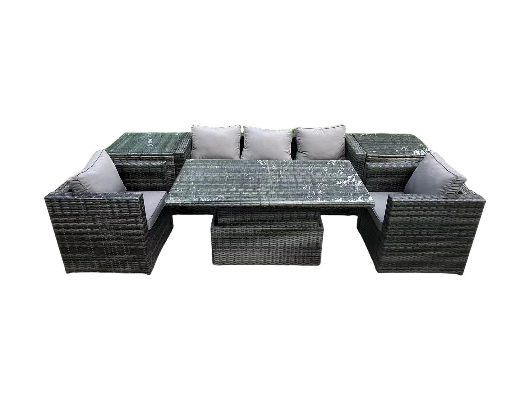 GARTENSOFA Hohe Rückenlehne Polyrattan 5-Sitzer - Dunkelgrau/Grau, Glas/Kunststoff - Fimous