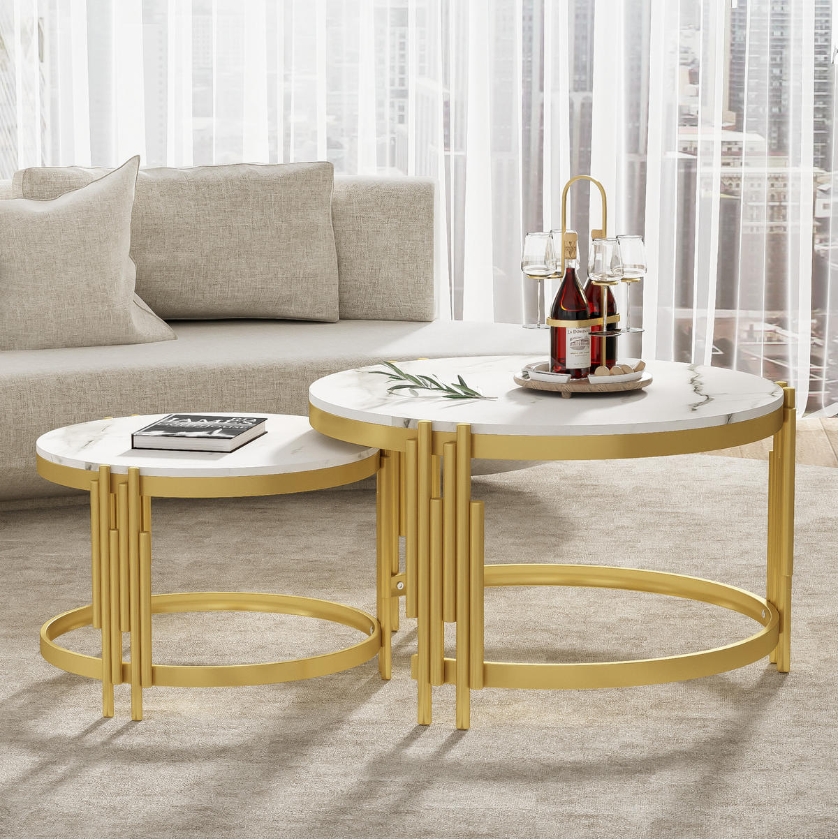 COUCHTISCH-SET 71,5/71,5/44 cm in Marmoroptik, nestbar mit goldenem Metallrahmen - Messingfarben, Holzwerkstoff (71.5/58/44cm) - Flora Grace